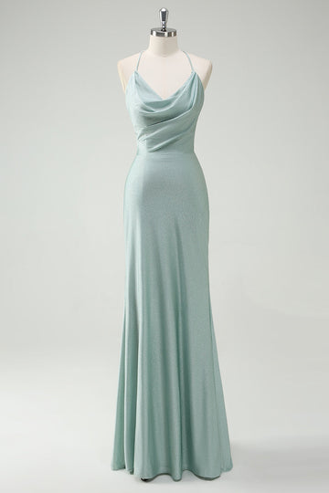 Sage zeemeermin spaghetti bandjes Ruched lange prom jurk met veters op de rug